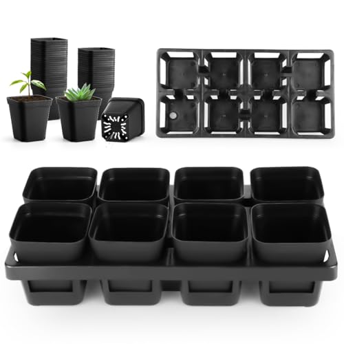 8 Cell Nursery Pots Trays 6 Pack (12" x 6"), 3 inch Square Plastic Nursery Pots 48 Pcs, Durable Carrying Seed Starter Tray, Planting Trays for Holding Small Seedling Pots with Drain Holes (Black) - color: Black, size: 48 Pots + 6 Trays