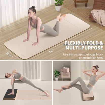 Foldable Yoga Mat Extra Large 74"×31.5" | Double-Sided Non-Slip,Extra Wide Foldable Design,8mm Extra Thick,Exercise Mat for Home, Studio and Travel Use - color: Beige+Black