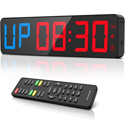 ANJANK Gym Timer 15"Large LED Display Wall Clock, Gym Interval Workout Count Down & Up Stopwatch, Adjustable Buzzer Volume/Upgraded Remote Digital Timer for Fitness, Classroom, Home Garage and Outdoor - color: Blue + Red