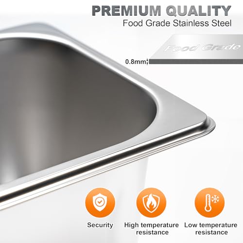 8 Pack Stainless Steam Hotel pan 1/3 Size x 6 inch Deep Table Pan with Lid Food Storage Containers Anti Steam Pan Restaurant Anti Clogging Steamer 12.8 x 6.9 x 5.9 inch for Party, Restaurant, Hotel