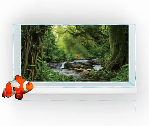 36X18IN Natural Green Forest Tree Stream Reptile Habitat Background Terrarium Background, Tropical Forest Decor Aquarium Background, Misty Rainforest Aquarium Background with 10 EVA Double-Sided Tape - size: 36X18in/90X45cm