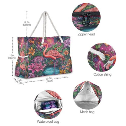 senya Large Beach Bags Totes Canvas Tote Shoulder Bag Soft Wave Water Resistant Bags for Gym Travel Daily Ocean - color: Flamingo Flowers