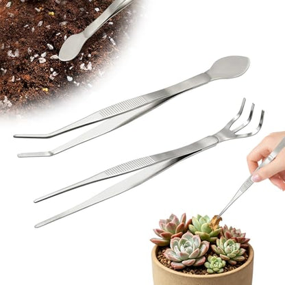 2 PCS Stainless Steel Garden Tweezers Set 2-in-1 Long Plant Tweezers Gardening Tools with 8.9" Curved Tine & 8.7" Straight Rake for Plants, Lawn, Bonsai, Succulents