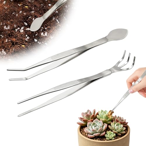 2 PCS Stainless Steel Garden Tweezers Set 2-in-1 Long Plant Tweezers Gardening Tools with 8.9" Curved Tine & 8.7" Straight Rake for Plants, Lawn, Bonsai, Succulents