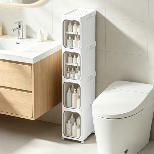 4-Tier Narrow Storage Cabinet Slim Bathroom Storage Cabinet with Movable Wheels Tall Bathroom Organizer Skinny Cabinet for Small Spaces，White - color: White, size: 4-tier