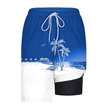 Men's Swim Trunks with Compression Liner Drawstring Bathing Suits Board Beach Shorts with Pockets - color: Blue, size: X-Large