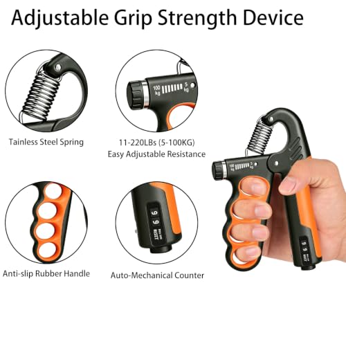 2PCS Grip Strength Trainer, 11-220LBs Adjustable Hand Gripper Strengthener with Automatic Counter, Hand Wrist Forearm Exerciser for Athletes, Musicians, Injury Recovery & Physical Therapy - color: Orange