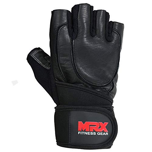 MRX Weight Lifting Pro Level Gloves with 18 Inches Long Wrist Strap Gym Workout Exercise & Fitness in - color: Black/Leather, size: Large