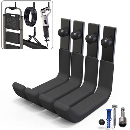 4 Pack Garage Storage Hooks, 4 Inch Wall Mount Ladder Hangers | Heavy Duty Wall Hooks, Utility Steel Ladder Hooks for Hanging Shed Tools, Ropes, Garden Hoses, Shovel, Bulk Items | 88 Lbs - size: 4 Pack (4 inch)