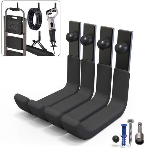 4 Pack Garage Storage Hooks, 4 Inch Wall Mount Ladder Hangers | Heavy Duty Wall Hooks, Utility Steel Ladder Hooks for Hanging Shed Tools, Ropes, Garden Hoses, Shovel, Bulk Items | 88 Lbs - size: 4 Pack (4 inch)
