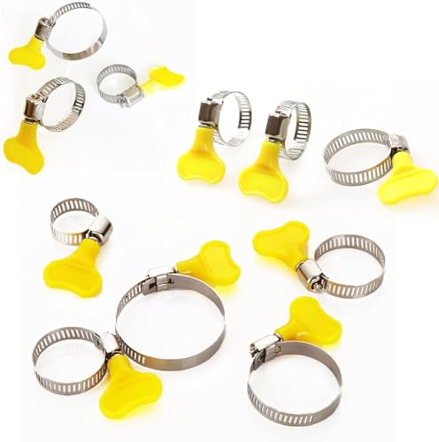 16-Pack Mixed Pack Yellow Stainless Steel Hose Clamps, Adjustable Thumb Screw Key Type Clamps, (8-12mm, 13-19mm, 18-32mm,32-44mm) Size 4pcs each