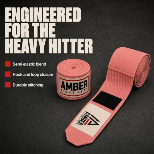 Amber Fight Gear Semi Elastic Professional 180-Inch Hand Wraps with Hook and Loop Closure for Boxing Kickboxing Muay Thai MMA for Men and Women - color: Pink
