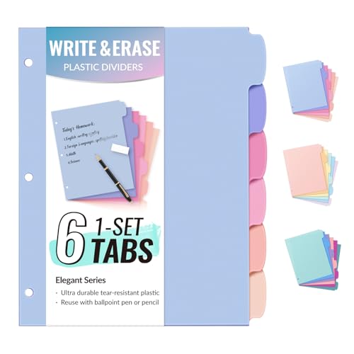 Sooez 6-Tab Durable Plastic Write & Erase Big Tab Dividers for 3 Ring Binder, Aesthetic Cute Pastels Binder Dividers for Student, Teacher, Office, Home Organizers, 1 Sets, Elegant - color: Elegant, size: 1 set