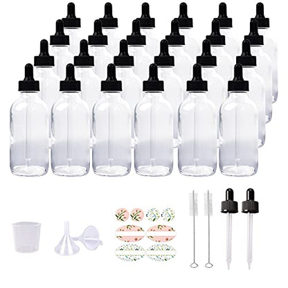 24 Pack 4oz Clear Glass Bottles with Glass Eye Droppers for Essential Oils, Perfumes & Lab Chemicals (2 Brushes, 2 Funnels, 2 Extra Droppers, 36 Pieces Labels & 30ml Measuring Cup Included) - color: Clear