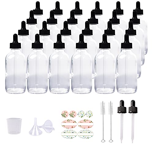 24 Pack 4oz Clear Glass Bottles with Glass Eye Droppers for Essential Oils, Perfumes & Lab Chemicals (2 Brushes, 2 Funnels, 2 Extra Droppers, 36 Pieces Labels & 30ml Measuring Cup Included) - color: Clear