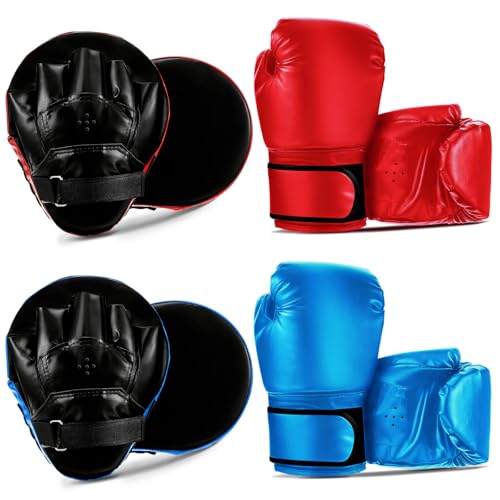 Foilswirl 2 Pairs Boxing Gloves and Punching Mitts Set - color: Red & Blue