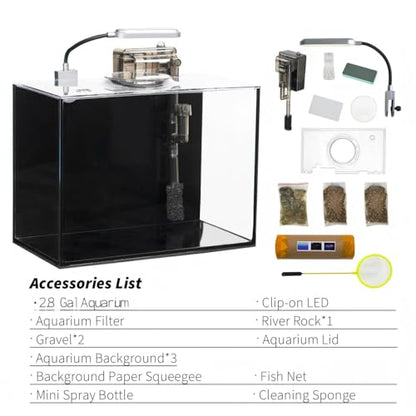 2.8 Gallon Glass Fish Tank with Filter LED Light Complete Betta Fish Tank Starter Kit for Small Aquarium Lovers, Rimless Freshwater Nano Tank with All Essentials Included