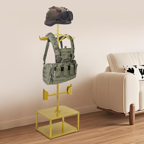 Tactical Gear Stand, Heavy Duty Steel Tactical Vest Stand Adjustable Military Gear Holder Free-Standing Helmet Vest Belt Organizer Rack Police Gear Holder for Indoor Home Garage - color: Gold
