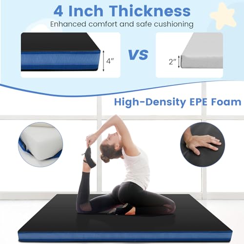 GYMAX 4' x 4' Folding Gymnastics Mat, 4" Thick Bi-Fold Exercise Tumbling Mat w/Carrying Handles, PU Leather Cover, Home Gym Mat for Aerobics Workout, Yoga, Stretching - color: Black