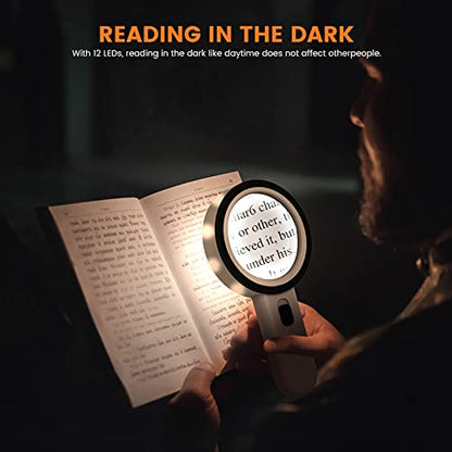 AIXPI Magnifying Glass with Light, Double-Layer Glass Lens Handheld Large Magnifying Glass 12 LED Lighted Magnifier for Seniors Reading, Coins, Jewelry, Close Working