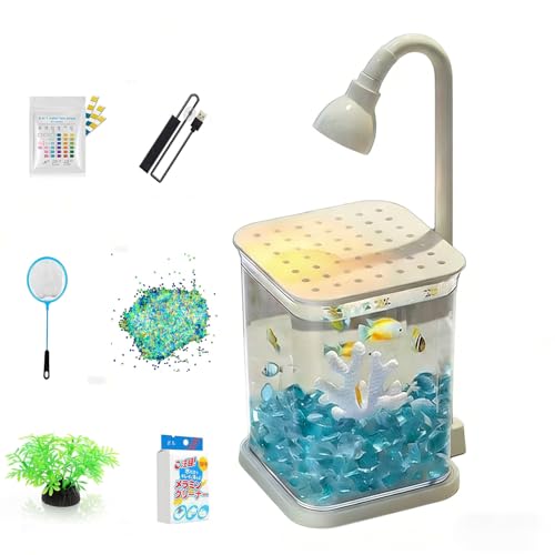 Betta Isolation & Breeding Starter Kit - 0.6Gallon Small Desktop Aquarium with LED Light, Heater, Clean Sponge, Plants, Luminous Stones, 6-in-1 Test Strips - for Betta Fish, Small Fish, Shrimp