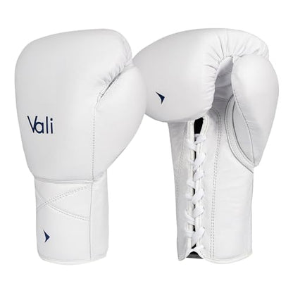 Vali Lancer Leather Lace Up Boxing & MMA Gloves for Pros Sparring - color: White, size: 14OZ