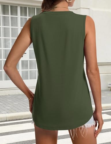 YUCOLEN Women's Tank Tops Loose Fit V Neck Summer UPF 50+ Flowy Curved Hem Basic Casual Sleeveless Tops - color: Armygreen, size: Large