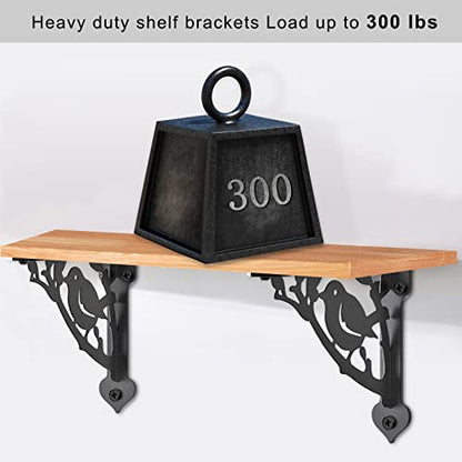 SELEWARE Heavy Duty Shelf Brackets 12 Inch, Bird Shelves Brackets, 300LB Capacity Decorative Metal L Brackets for Floating Shelves, Black Rustic Wall Mount Shelving Bracket with Screws, 2 Pack