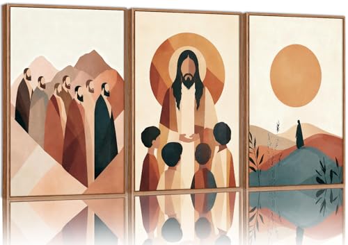 KYLESONLIE Large Jesus and Disciples Framed Canvas Wall Art Set, Boho Christian Bible Posters Wall Decor, Minimalist Religious Faith Art Paintings for Living Room Bedroom Dining Room Church 16"x24"x3