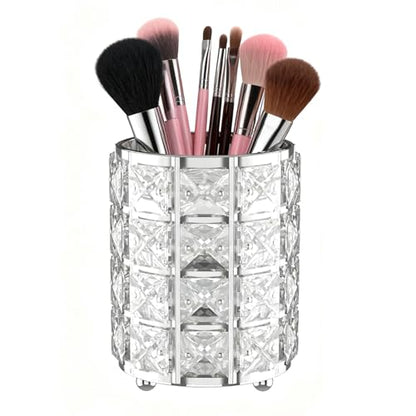 Makeup Brush Holder with Silver Crystal Bling – Elegant Vanity Organizer for Brushes, Pens & Pencils, Ideal for Bathroom or Office Countertop(1Pack)