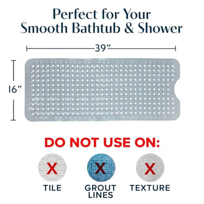 SlipX Solutions Power Grip Bathtub Safety Mat | Precision Grip Technology for Longer, Stronger, & Softer Wet Surface Protection | Solid Gray 39"x16" - color: Solid Gray