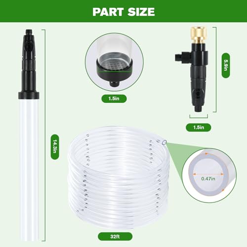 Aquarium Siphon Vacuum Gravel Cleaner Kit for Fish Tank Cleaning Gravel & Sand, Fish Tank Water Changer Metal Faucet Connector with Long Hose Drain & Fill（32ft）