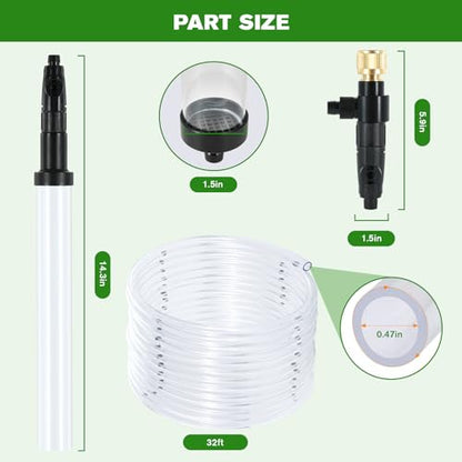Aquarium Siphon Vacuum Gravel Cleaner Kit for Fish Tank Cleaning Gravel & Sand, Fish Tank Water Changer Metal Faucet Connector with Long Hose Drain & Fill（32ft）