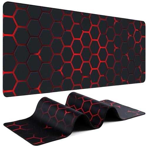 Gaming Mouse Pad - (31.5"×11.8") Honeycomb Large Mouse Pads for Desk - Desk Mat for Keyboard and Mouse with Non-Slip Base, Desks Pad Matfor Game/Office & Home（Black and Red） - color: Black and Red