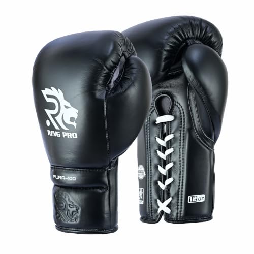 Aura 100 Full Grain Leather Lace Up Boxing Gloves for Men & Women – Professional Training, Sparring, Competition, Muay Thai, Kickboxing & Heavy Bag Gloves - color: Black, size: 16 OZ