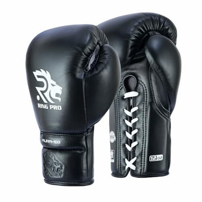 Aura 100 Full Grain Leather Lace Up Boxing Gloves for Men & Women – Professional Training, Sparring, Competition, Muay Thai, Kickboxing & Heavy Bag Gloves - color: Black, size: 14 OZ
