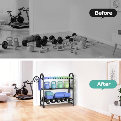 3 Tier Dumbbell Rack - Weight Rack for Home Gym: Stand Only | Heavy Duty Adjustable Storage Rack with Hooks, Dumbbell Stand & Weight Holder, Organizer Shelf for Home Gym - size: 29.96''Length