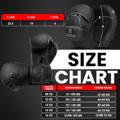 Kruzak Matte Black Boxing Gloves and Pads, Boxing Gloves Training Set for Kickboxing and Muay Thai MMA Training - Boxing Kit for Adults with Punching Pads for Martial Arts and Karate - size: 16 oz