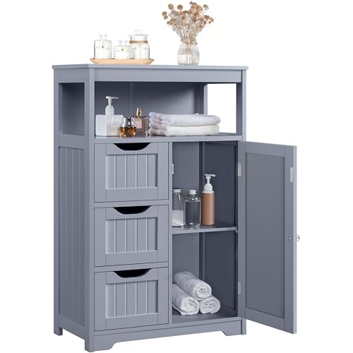 Yaheetech Bathroom Storage Cabinet, Wooden Bathroom Floor Cabinet with 1 Door and 3 Drawers, Free-Standing Storage Unit for Kitchen/Living Room/Entryway, Gray,12" D x 22" W x 34" H - color: Grey, size: 12"D x 22"W x 34"H