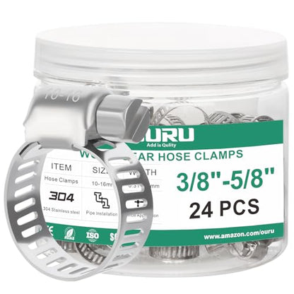 24PCS Hose Clamps Stainless Steel Adjustable 3/8"– 5/8"(10-16mm) Worm Gear Hose Clamp, Heavy Duty Metal Small Hose Clamps for Automotive, Pipe, Radiator Plumbing, Fuel Line - size: 3/8"-5/8"(10-16mm)