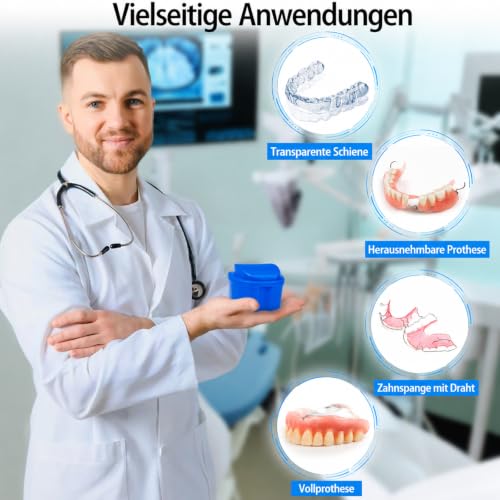 Denture Cups for Soaking Dentures, Partial Denture Holder Case Retainer Mouthguard Cleaning Box Case with 2 Small Brushes - Blue and Dark Blue - color: Blue & Dark Blue