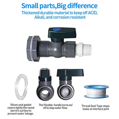 Suswillhit Rain Barrel Spigot Kit - Water Barrel PVC Garden Diverter Kit with Bulkhead Fitting Hose Faucet Adapter and Thread Seal Tape for Water Tanks, Aquariums, Tubs, Pools, Garden Barrels(2 Pack)