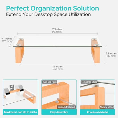 Multi-Purpose Desktop Stand, Clear Floating Computer Monitor Riser with Natural Wood Base, Desk Organization Shelf for Printer, Laptop, Audio Device, Flat Screen - color: Beech&Clear