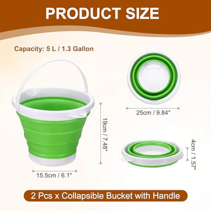 uxcell 2 Pcs Collapsible Bucket, 1.3 Gallon (5L) Small Foldable Bucket, Portable Water Pail Round Tub Cleaning Tools with Handle for RV Camping Household Garden Fishing Car Wash, Green - color: Green