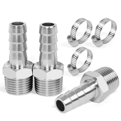 ChillWaves 304 Stainless Steel Air Hose Fittings, Hose Barb Fittings 3/8" Barb x 3/8" NPT Male Thread Adapter with Hose Clamp(3-PACK)