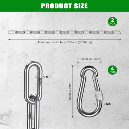 BeneLabel 2Pcs 85" (7ft) Swing Chain Stainless Steel Hanging Chain and Hook - color: Silver, size: 85"