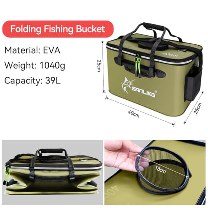 SANLIKE Foldable Live Fish Bucket, EVA Fishing Bait Bucket, 35/40/45CM Collapsible Fish Container, Leakproof Livewell for Kayak Boat Bank Fishing, Black/Army Green - color: Green-40cm