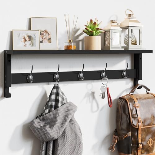 AMBIRD Coat Rack Wall Mount with Shelf, 28.9 Inches Coat Hooks Wall Mounted with 5 Hooks, Hat Wall Hooks for Hanging in Entryway, Living Room, Bathroom, Bedroom (Black, 28.9 * 4.5 inches) - color: Black, size: 5 Hooks 28.9" L