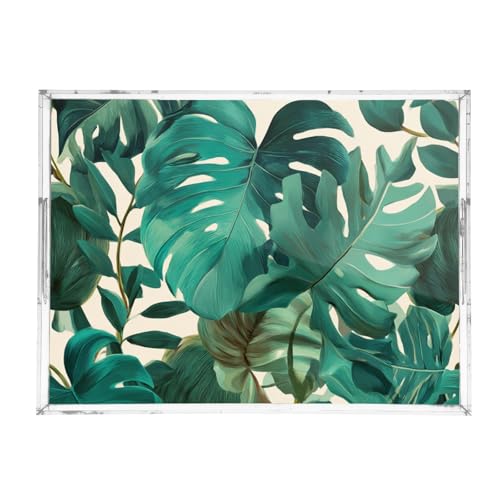 Acrylic Tray Clear Serving Vanity Ottoman Bathroom Coffee Table Countertop Organizer Raised Edge Spill Proof Green Retro Palm Leaves - color: Green Retro Palm Leaves