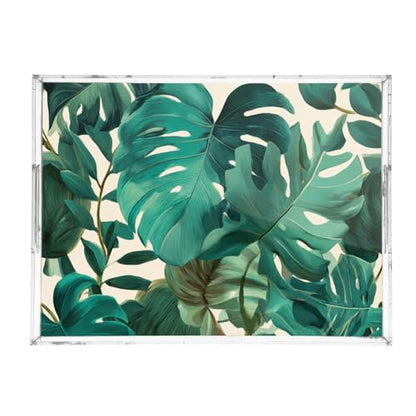 Acrylic Tray Clear Serving Vanity Ottoman Bathroom Coffee Table Countertop Organizer Raised Edge Spill Proof Green Retro Palm Leaves - color: Green Retro Palm Leaves